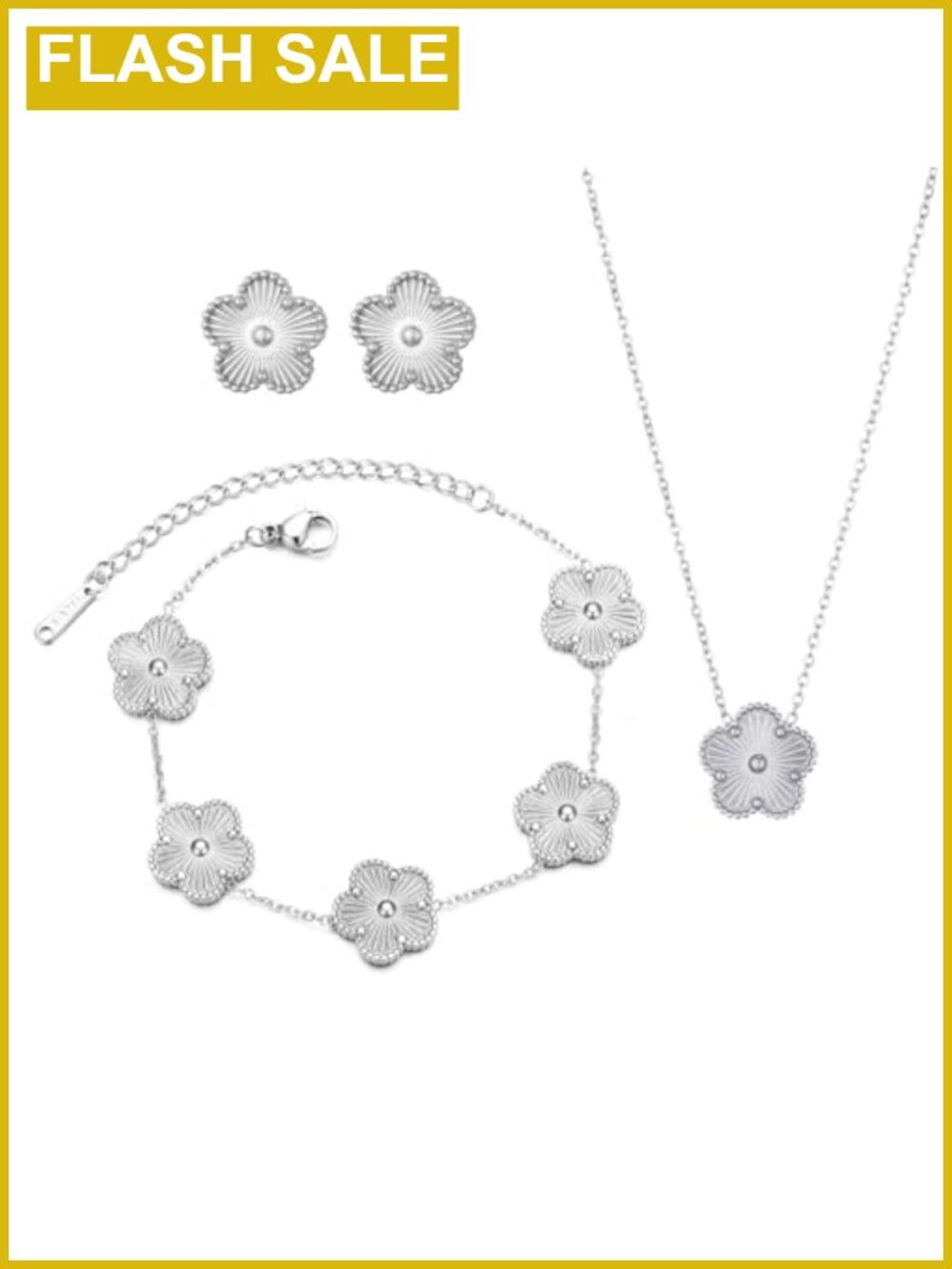 14K Gold Plated Stainless Steel Four Leaf Clover Necklace Earring Set